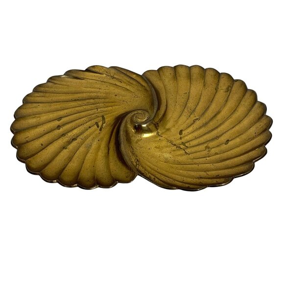 Vintage Brass Hollywood Regency Double Clamshell Swirl Trinket Dish By Penco - Picture 1 of 8